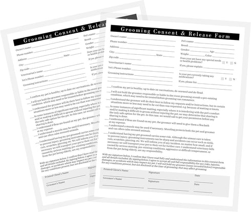 Boutique Marketing Pet Grooming Intake, Consent & Release Form, 50 Pack Standard Paper Size Supplies