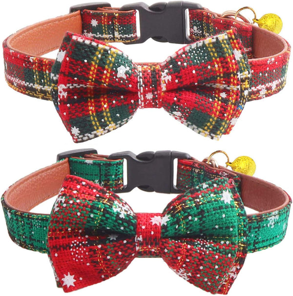 KUDES 2 Pack Christmas Snowflake Dog Collars, Breakaway with Bow Tie and Bells for Small/Medium/Large Pets, Red & Green