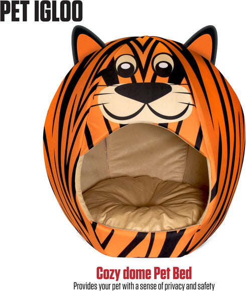 Maccabi Art Tiger Theme Dog Bed, Cute Igloo Style Pet Bed, Fits Small Dogs, Puppies, Cats, Non-Slip Design, 16 x 16 x 18