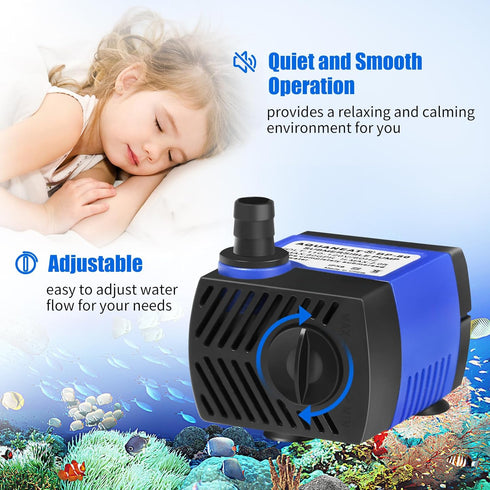 AQUANEAT Small Fountain Pump, 80 GPH Mini Submersible Water Pump with 3.3 ft Tubing for Aquarium