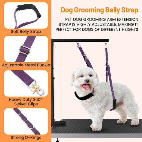 Dog Grooming Belly Strap, Table Arm Extender with Clamp Loop for Small & Medium Dog Hair Cutting (Purple)