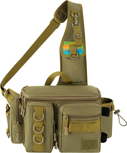 THKFISH Fishing Tackle Bag, Portable Fly Fishing Sling Pack with D-Rings and Waist Strap, Khaki