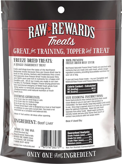 Northwest Naturals Raw Rewards Freeze-Dried Beef Liver Treats - Healthy, 1 Ingredient, Human Grade Pet Food, 3 Oz (Pack