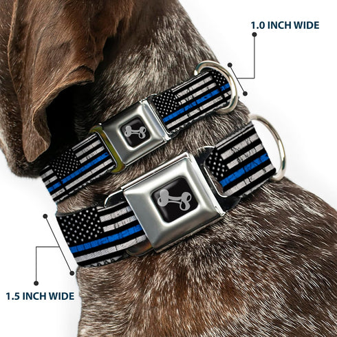 Dog Collar Seatbelt Buckle - Thin Blue Line Flag Weathered Black Gray Blue, 11 to 17 Inches, 1.0 Inch Wide