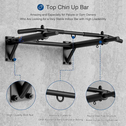 Wall Mounted Pull Up Bar - Thicken Steel Chin Up Bar for Home Gym, Max Load 300 lbs, Includes Punch Bag and TRX Hook.