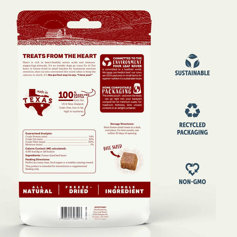 4 Oz FOUR LEAF ROVER Beef Heart Dog Treats - Grass Finished New Zealand Beef Heart - Raw Freeze Dried Single