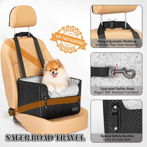 25 lbs PETSFIT Small Dog Car Seat, Waterproof PU Leather Dog Carseat with Patent Safe Buckles, Clip-On Leash, Car Seat
