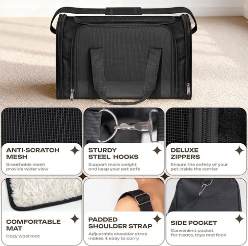 15 lbs, Airline Approved Medium Pet Carrier for Cats & Dogs Foldable Dog Bag with Soft Mat, Breathable Mesh Windows