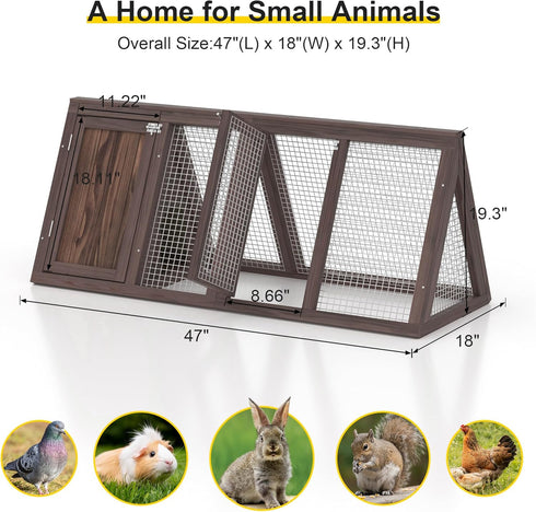 2 Rabbit Hutch, Small Chicken Coop Outdoor A-Frame Quail Cage with Door & Run Cage Wooden Triangle Quail Hutch