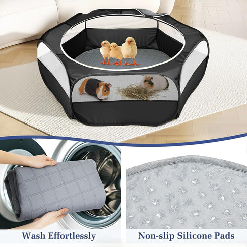 2-in-1 3 Pig/Rabbits/Chinchillas, Small Animals Playpen with Pad, Waterproof Small Pet Cage Tent with Reusable Pad