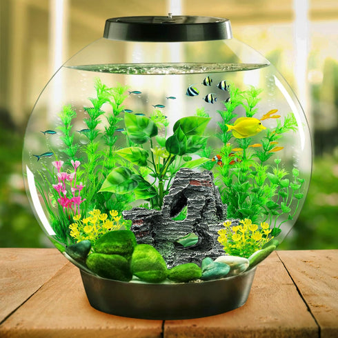 Fish Tank Accessories - 9pcs Green Artificial Plants and Cave Rock Decor Set for Aquarium