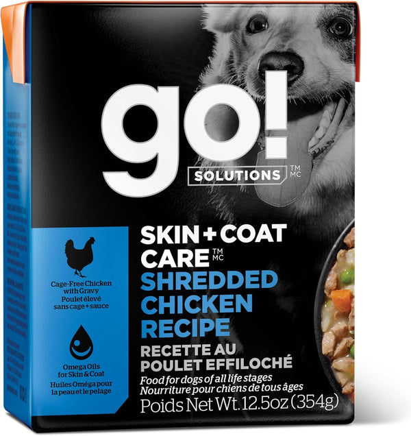 GO! SOLUTIONS Skin + Coat Care Wet Dog Food - Shredded Chicken Recipe with Grains, 12.5 oz