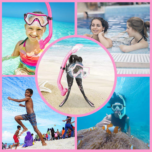 Kids Snorkeling Set, Adjustable Swimming Flippers, Panoramic Snorkel Mask, Dry Tube, Travel Bags for Ages 5-14