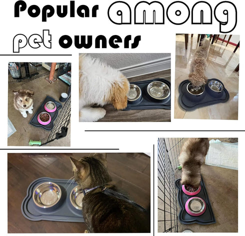 Dog Bowls Stainless Steel Slow Feeder Set with Silicone Mat, 100% Waterproof BPA Free No-Spill Pet Feeder Water Bowls
