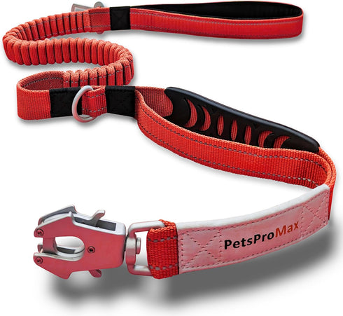 PetsProMax Tactical Dog Leash with Car Seat Belt Clip, Heavy Duty Elastic Bungee Leash with 360 Rotatable Hook (Red)