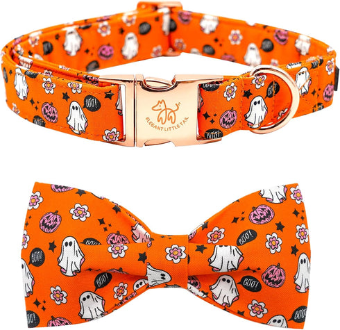 Elegant little tail Halloween Dog Collar, Fall Orange Pumpkin Adjustable Bow Collar for Small Dogs