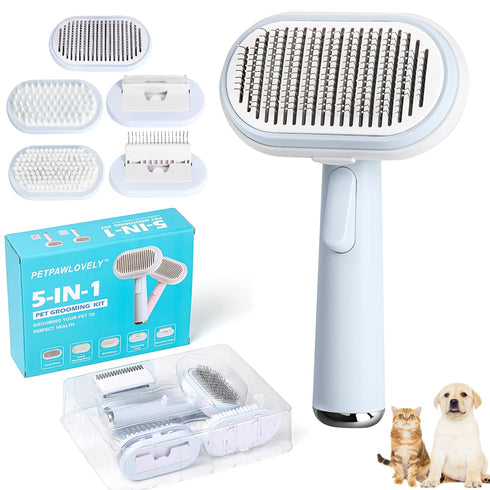 5 IN 1 Pet Grooming Brush Kit, Self Cleaning Slicker Brush for Dogs & Cats, Suitable for Small & Large Pets, Blue