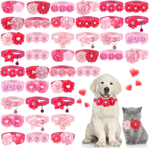 Tudomro 40 Pcs Adjustable Pink Dog Collars, Rose Red for Small Medium Dogs, Wedding Party Grooming Accessories