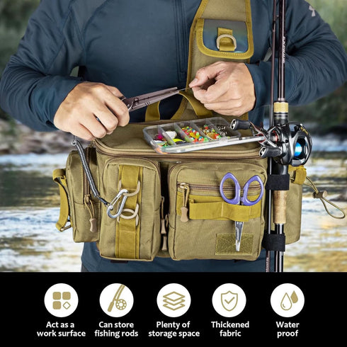 THKFISH Fishing Tackle Bag, Portable Fly Fishing Sling Pack with D-Rings and Waist Strap, Khaki