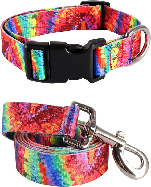 Dog Collar Pet Funny Rainbow Adjustable Collars with Tie Dye Leash - Multicolor Set for Small Medium Large Dogs