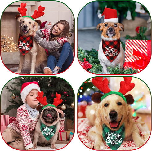 SATINIOR 4 Pcs Adjustable 3D Christmas Dog Santa Hat - Classic Buffalo Plaid Scarf, Reindeer Antlers Headband for Pets