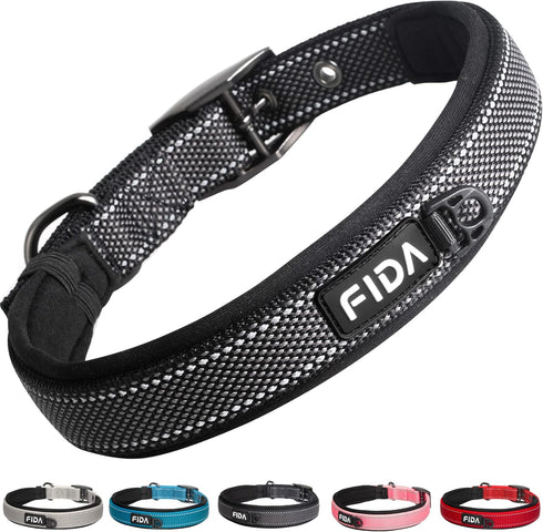 Fida Heavy Duty Dog Collar, Ultra Comfortable Soft Neoprene Padded, Adjustable Reflective Nylon Collar for Medium