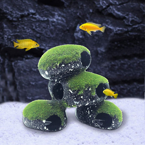 PINVNBY Stone Aquarium Hideaway Decoration, Cichlids Rock Decor with Moss, Betta Cave Tunnel Ornament (L)
