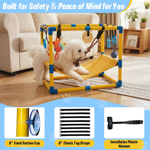 Bullro 8 Hammock Puppy Play Gym with Hanging Toys, Dog Jungle Gym Indoor with and Funny Enrichment Toys, PVC Frame