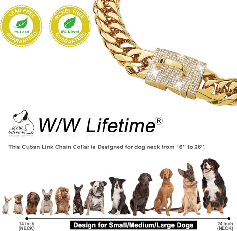 Dog Chain Collar Walking Metal Chain with Secure Buckle, Gold Cuban Link Heavy Duty for Medium Dogs (16MM, 16")