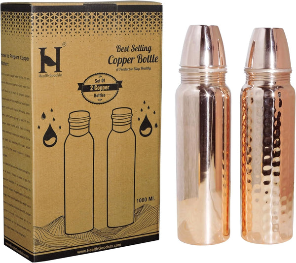 Set of Plain and Hammered Copper Water Bottles, 850 Ml (28.75 Fl Oz), Unlined, Uncoated, Lacquered-Free for Ayurveda