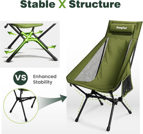 SUNNYFEEL High Back Camping Chair with Pillow, Heavy Duty Portable Folding Chair with Breathable Mesh, Sturdy Aluminum