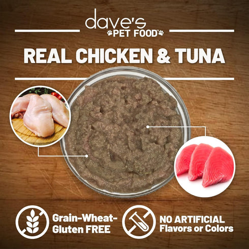 5.5 oz (24 Pack) Dave's Pet Food Grain Free Wet Cat Food (Chicken & Tuna Saucey Pate), Naturally Healthy Canned, Added