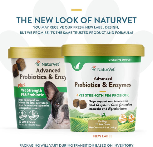 NaturVet Advanced Probiotics and Enzymes Supplement, Plus Vet Strength PB6 Probiotic, Soft Chews, Made in The USA with Globally Source Ingredients 70 Soft Chews