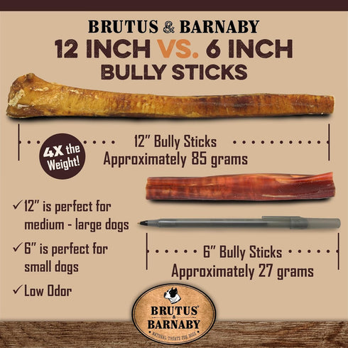 BRUTUS & BARNABY Jumbo Bully Sticks for Large Dogs - (3-Pack) No Hormones Added, Grain Free, 12" Thick Bully Bones