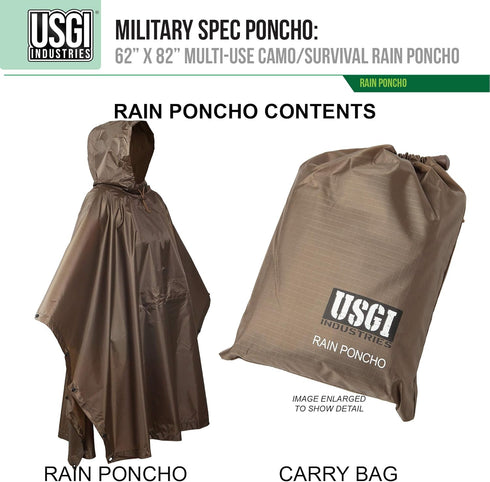 USGI Industries Military Style Poncho - Multi Use Rip Stop Camouflage Rain Poncho