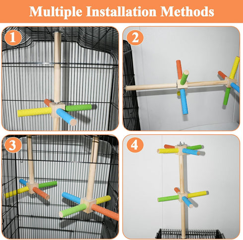 Bird Stand Perch Toy, Double Layer Spinning Parakeet Toys Exercise Wheel Cockatiel Toy for Cages Wooden Perchs
