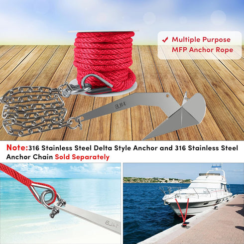 Premium Anchor Rope 50ft x 3/8 inch, Solid Braid MFP Marine Rope, Boat Anchor Line with Thimble & Shackle