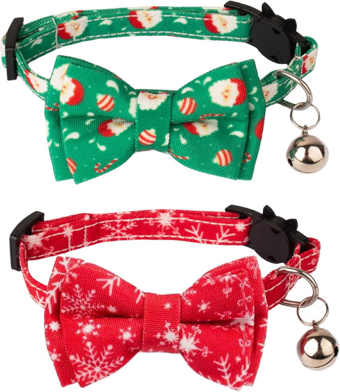 ADOGGYGO Christmas Cat Collar Breakaway with Bowtie Bell - 2 Pack Santa Snowflake Xmas Kitten Collar with Removable