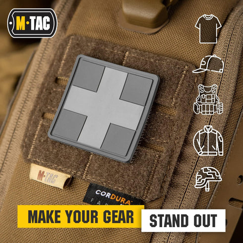 M-Tac Medical Cross PVC Patch - Morale Badge for Med Tactical Military Gear with Hook Fastener (Gray)