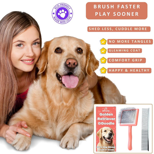 2-in-1 Slicker Brush & Comb for Golden Retriever & Doodle - Easy Detangling & Deshedding for Long Curly Haired Doodle