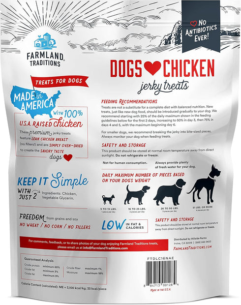 Farmland Traditions Dogs Love Chicken Premium Two Ingredients Jerky Treats for Dogs (1 lb. No Antibiotics Ever USA Raised Chicken)
