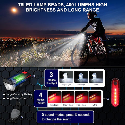 USB Rechargeable Bicycle Light Set, Bicycle Accessories, Bicycle Lock, Water Cup Seat, Bag, and Bell