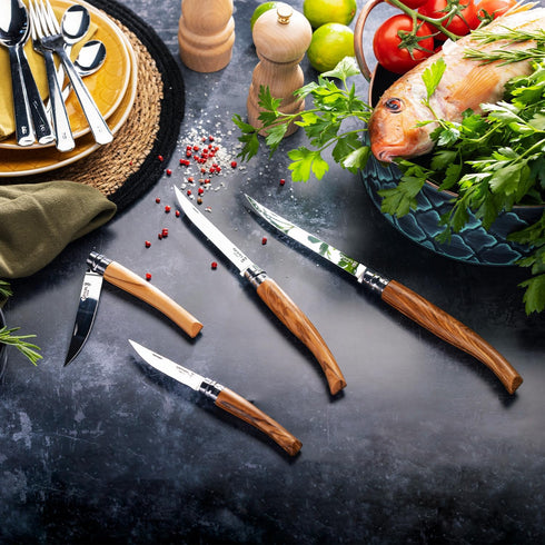 Opinel Effile Slimline Series Folding Fillet Knife, Slim Blade Folding Knife with Virobloc Locking Collar, Olivewood