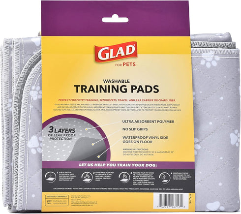 GLAD for Pets Washable Training Pads, Medium Size (24”x36”), 2 Pack Gray with Paw Prints, Re-usable Cloth Pads