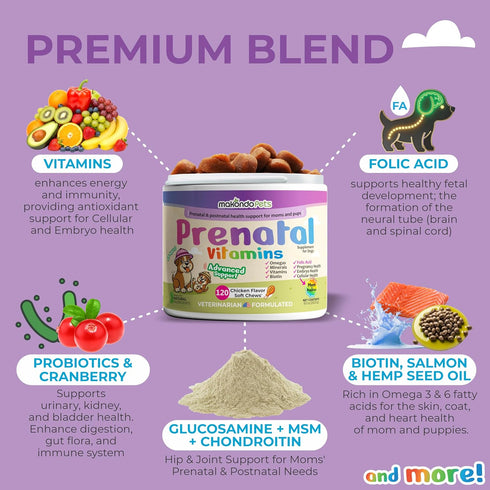 120 Dog Prenatal Vitamins Soft Chews Multivitamin, Folic Acid, Zinc, B-Complex, DHA & EPA Omegas and Probiotics