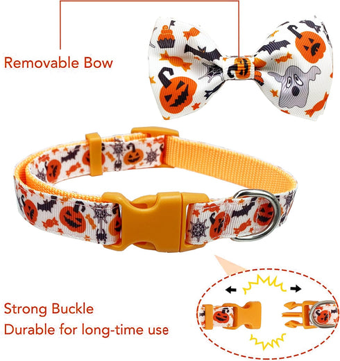2 Pack Halloween Dog Collar with Bowtie - Holiday Jack-O-Lantern and Pumpkin Collar for Small Medium Large Dogs