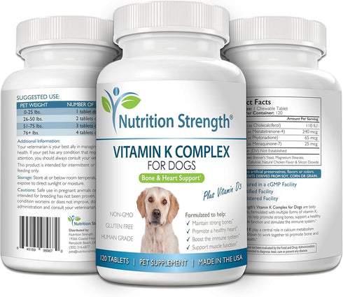 Vitamin K for Dogs - Vitamins K1 & K2 + Vitamin D3 for Strong Bones, Healthy Heart, Immune Support, 120 Chewable Tablets