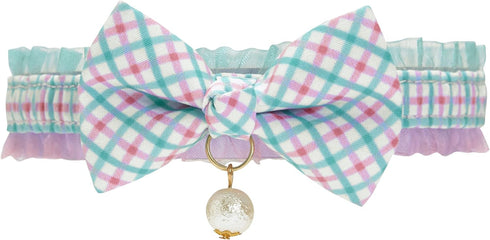 Blueberry Pet Green Plaid Breakaway Bowtie Cat Collar, Handmade Bow Tie and Pearl Charm, Neck 8.5"-12"