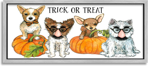 Stupell Industries Trick or Treat Festive Pet Dogs Halloween Outfits, Gray Framed Wall Art, 10 x 24, Orange