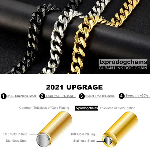 Dog Chain Collar Chew Proof, Heavy Duty 15mm Thick Stainless Steel Metal Cuban Link for Small Medium Large Dogs - Gold